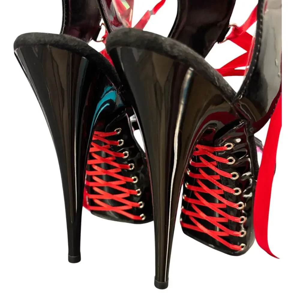 Pleaser Delight 600-14FH Black Red Corset Stiletto Heels Platform Size 8 Lace-Up